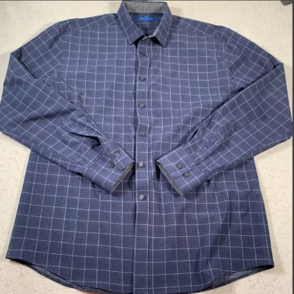 🆕 VINCE CAMUTO Shirt Mens Large Blue Check Button Up Long Sleeve Stretch - Picture 2 of 8